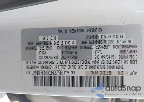 2019 Mazda Cx-5 Touring z USA, uszkodzony, nr VIN JM3KFBCM1K0509736